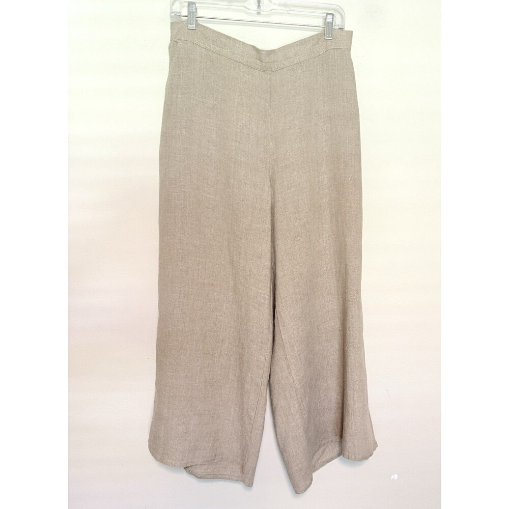 FLAX Wide-Leg Flood Pants Sz S Khaki Elastic Waist Pockets Lagenlook Resort